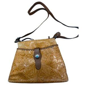 m.c. leather handbag brown leather floral zip snaps adjustable strap 12x9" READ